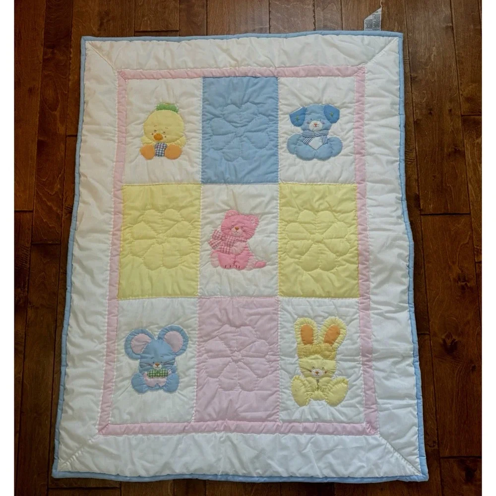 VTG House of Hatten Baby Quilt Blanket Pastel Animals Puppy‎ Kitten Bunny Duck